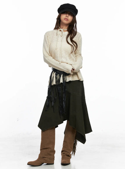 vintage-wash-asymmetric-midi-skirt-co513 / Dark green