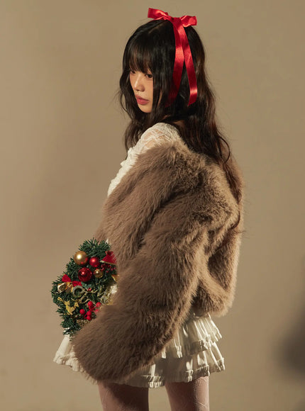 cropped-faux-fur-jacket-cn520 / Dark pink