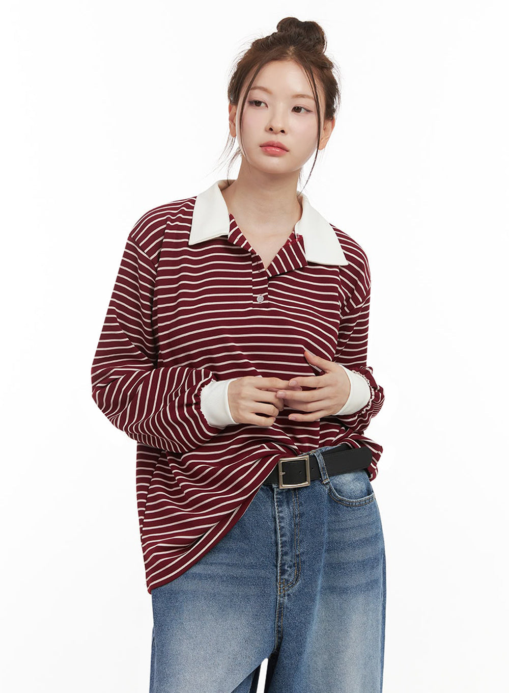 oversized-stripe-collared-long-sleeve-top-ij527 / Dark red