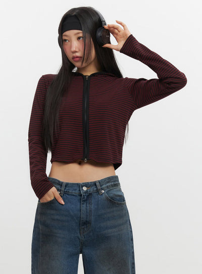 striped-zip-up-hooded-crop-jacket-if510 / Dark red