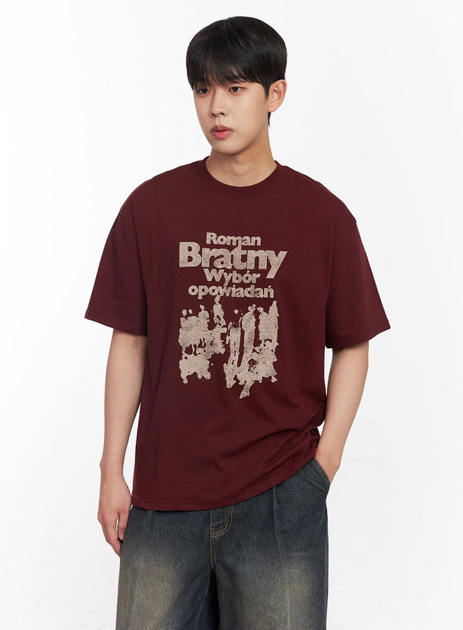 mens-loose-fit-round-neck-graphic-t-shirt-iy522 / Dark red