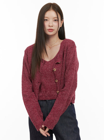 soft-touch-buttoned-cardigan-cami-set-od412 / Dark red