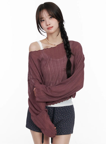 sheer-off-shoulder-long-sleeve-top-cm527 / Dark red