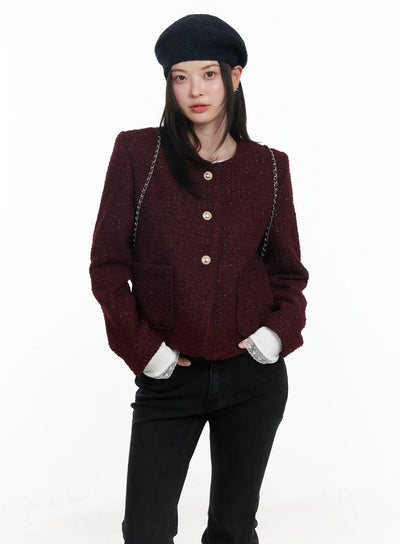 round-neck-buttoned-tweed-jacket-if520 / Dark red