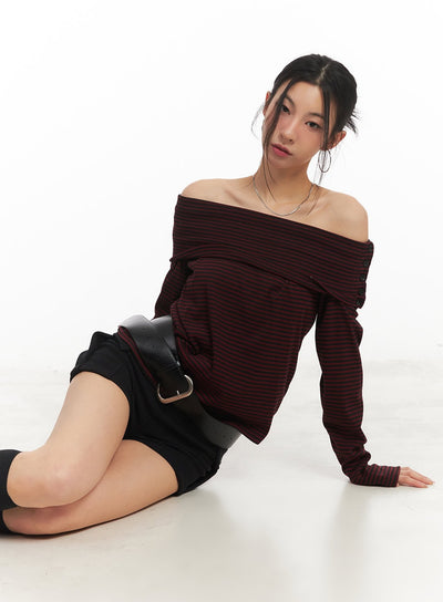 striped-long-sleeve-off-shoulder-top-cm503 / Dark red