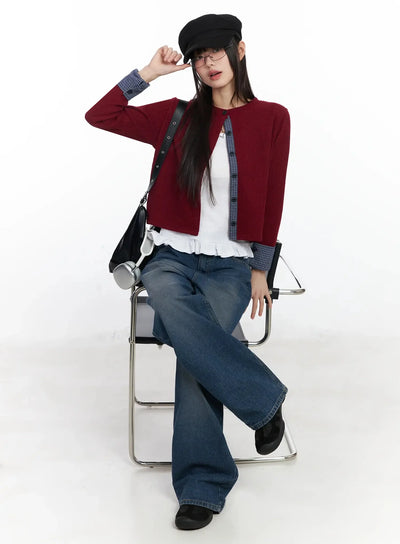 checkered-accent-fleece-cardigan-f517 / Dark red