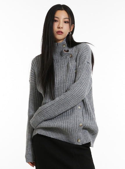 asymmetric-button-knit-sweater-in308 / Gray