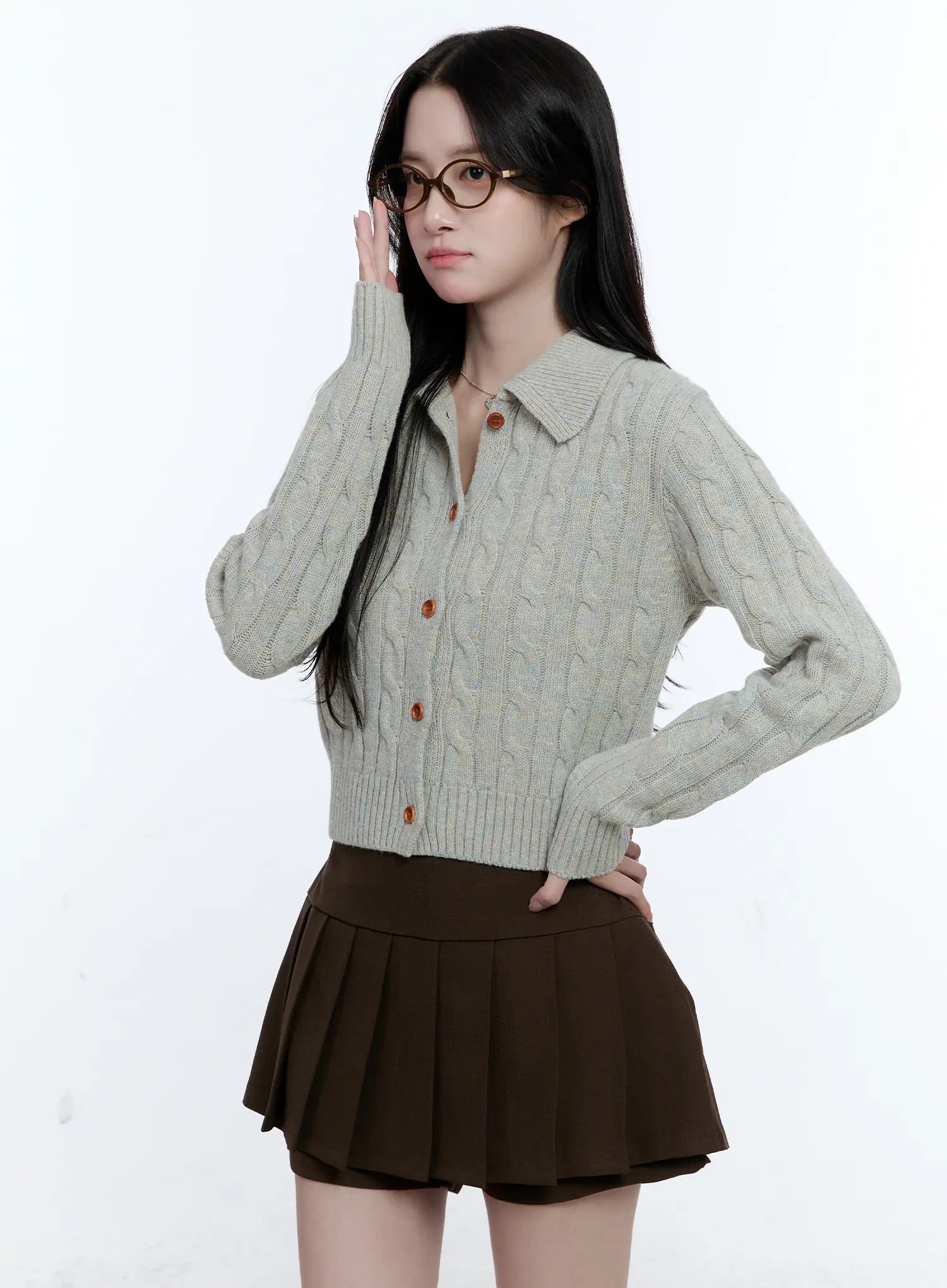 button-up-collared-cable-knit-cardigan-cg514 / Gray