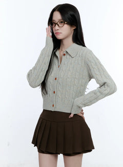 button-up-collared-cable-knit-cardigan-cg514 / Gray