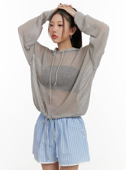 sheer-drawstring-hoodie-oa416 / Gray