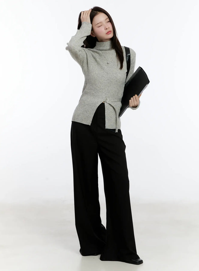 buckle-ribbed-half-turtleneck-sweater / Gray