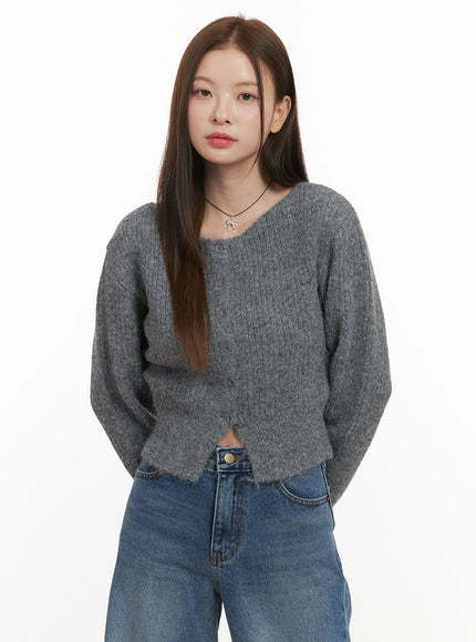 wool-blend-button-up-crop-sweater-od417 / Gray