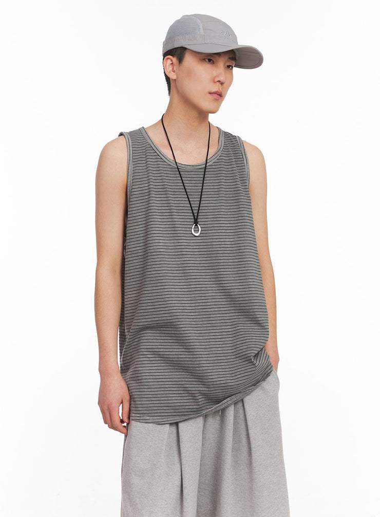 mens-striped-loose-fit-sleeveless-shirt-iy506 / Gray