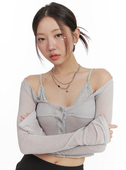 sheer-off-shoulder-chic-crop-cardigan-og407 / Gray