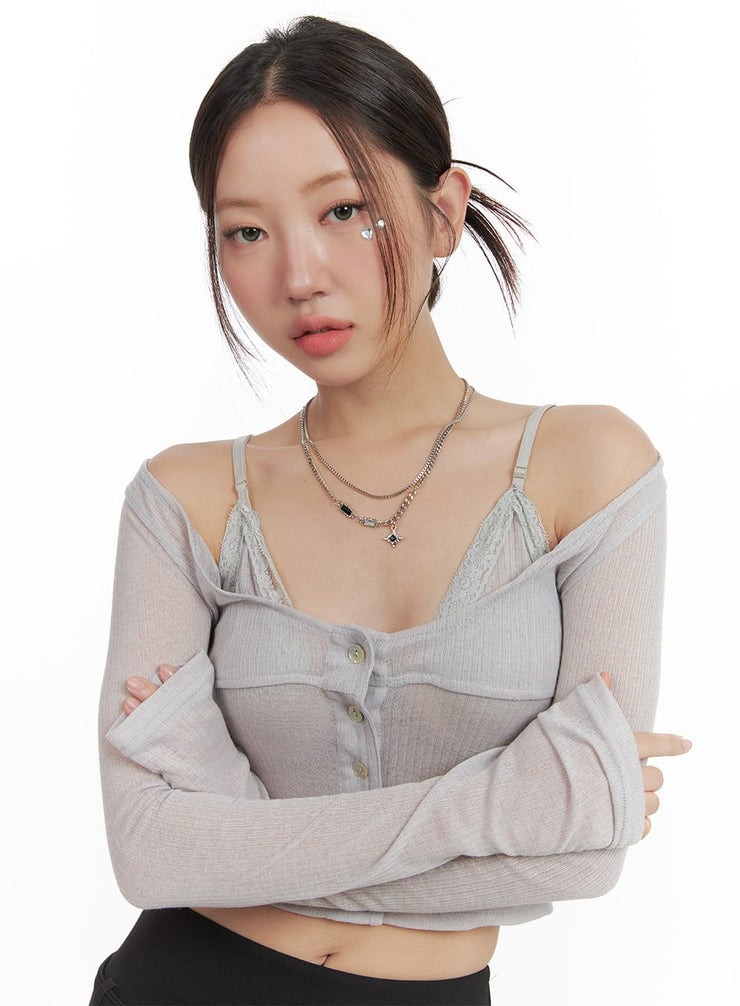 sheer-off-shoulder-chic-crop-cardigan-og407 / Gray