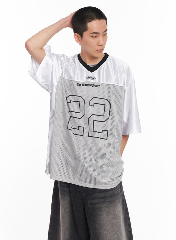 mens-mesh-v-neck-graphic-tee-iy505 / Gray