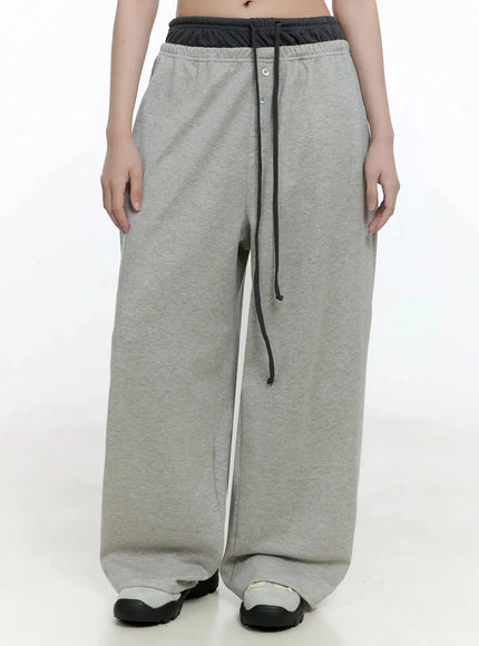 layered-button-baggy-sweatpants-io527 / Gray