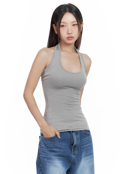 striped-slim-fit-halter-tank-top-cl509 / Gray