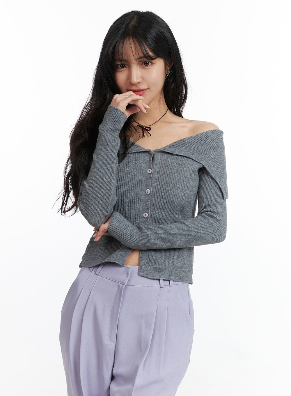 solid-button-up-collar-knit-cardigan-oj425 / Gray
