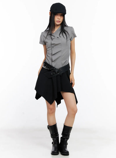 asymmetric-collar-button-down-blouse-cl530 / Gray