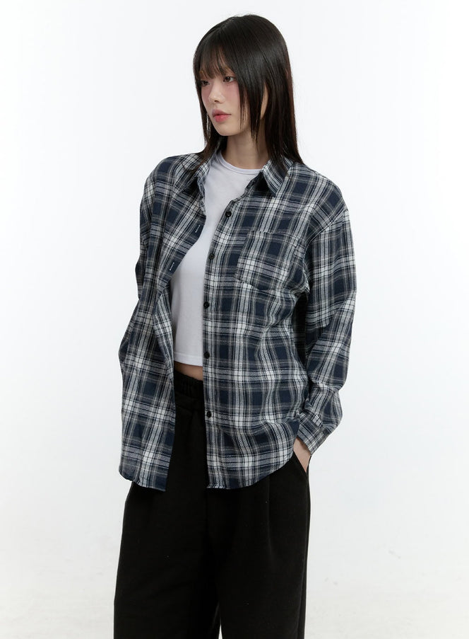 loose-fit-checkered-buttoned-shirt-cf507 / Gray