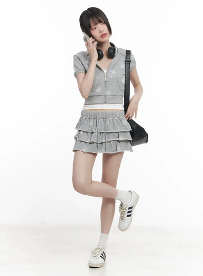star-print-short-sleeve-hoodie-cu518 / Gray