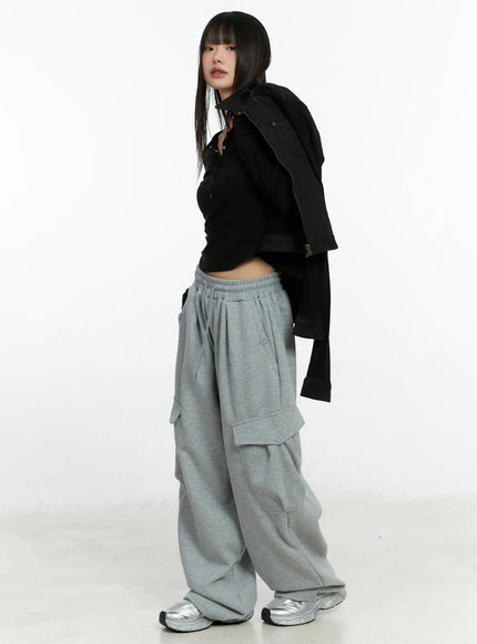 button-wide-leg-cargo-sweatpants-cf509 / Gray