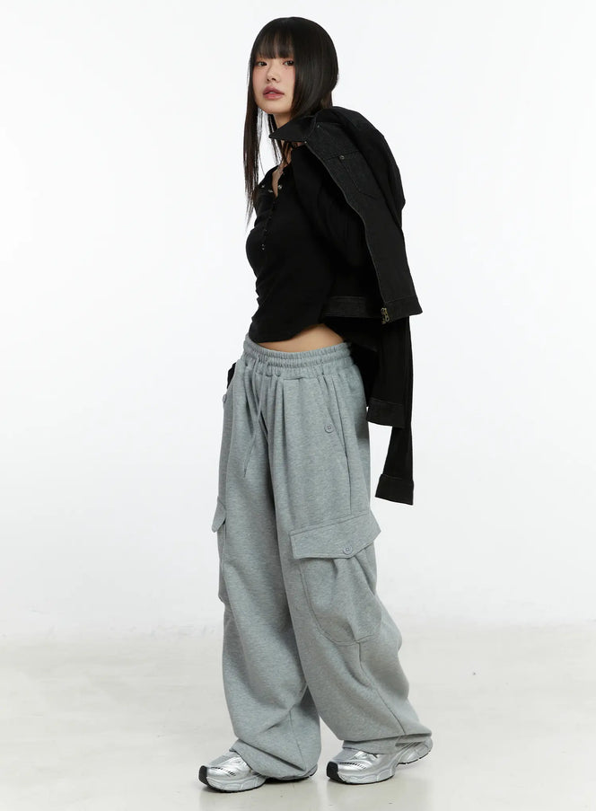 button-wide-leg-cargo-sweatpants-cf509 / Gray