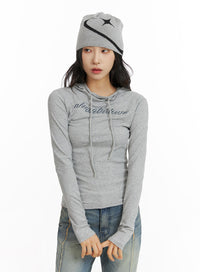 graphic-print-hooded-long-sleeve-top-cf415 / Gray