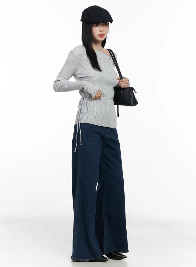 ribbed-knit-long-sleeve-top-with-tie-detail-cj520 / Gray