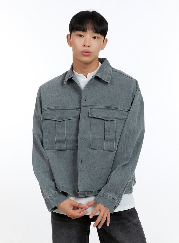 mens-washed-crop-pocketed-cotton-jacket-ig422 / Gray