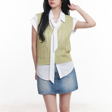 knit-buttoned-vest-top-cy523 / Green