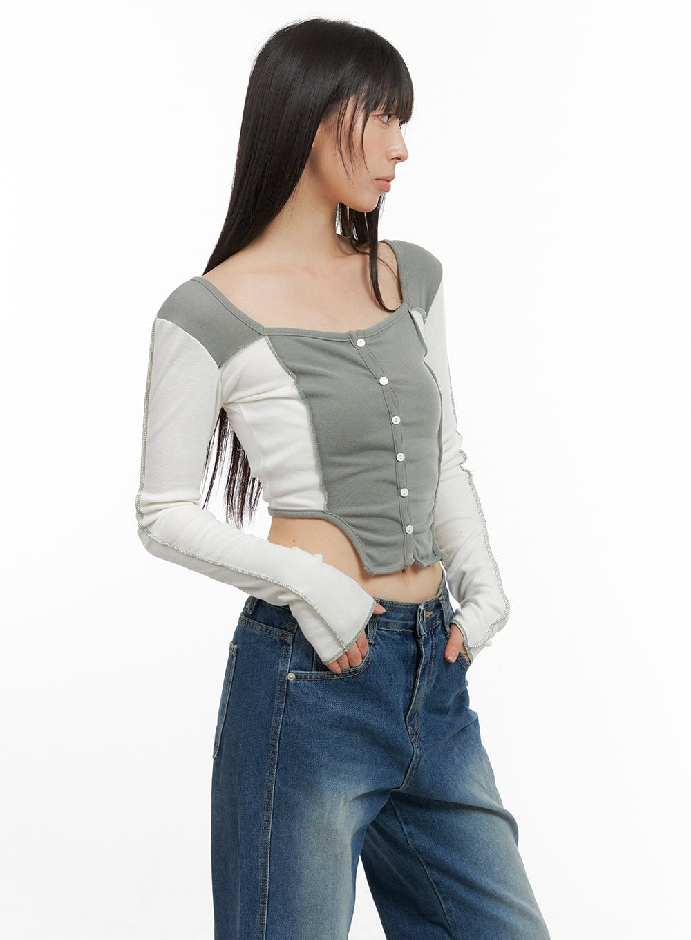 contrasting-long-sleeve-crop-top-cg420 / Green