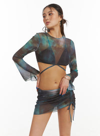 graphic-shirred-bikini-set-with-cover-up-oy408 / Green