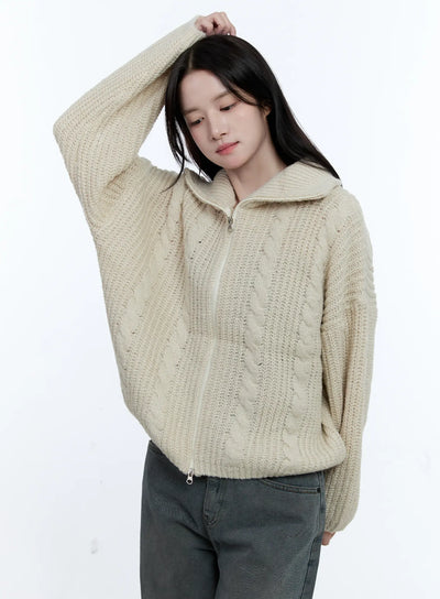 cable-knit-double-zip-sweater-cg512 / Light beige