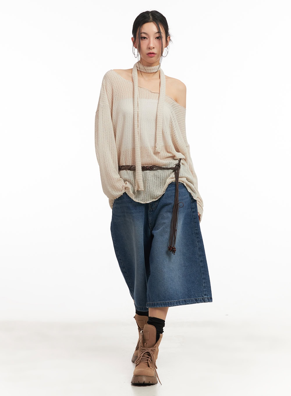 sheer-off-shoulder-top-with-scarf-set-cm503 / Light beige