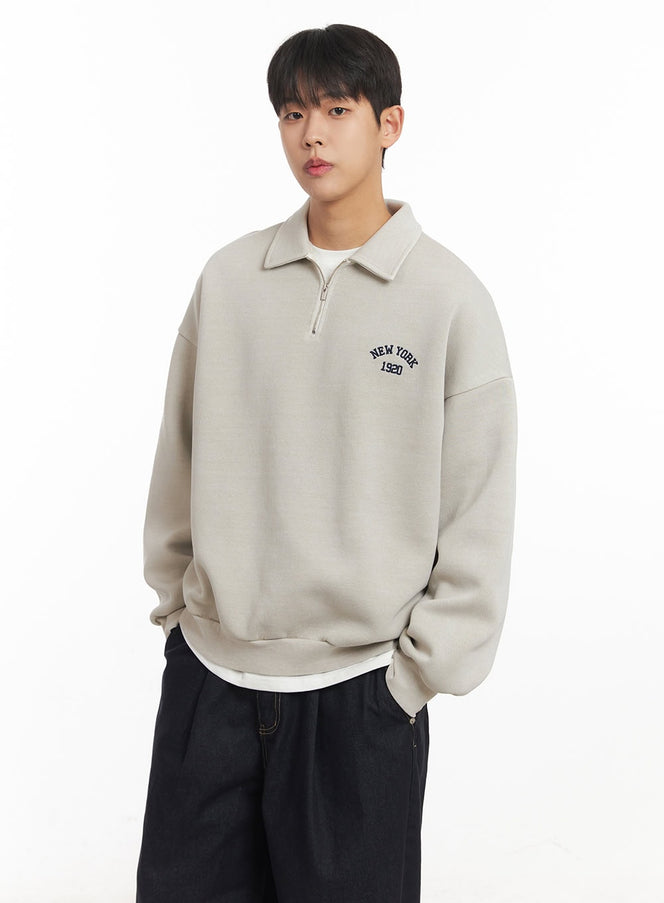 mens-embroidered-half-zip-sweatshirt-im517 / Light beige