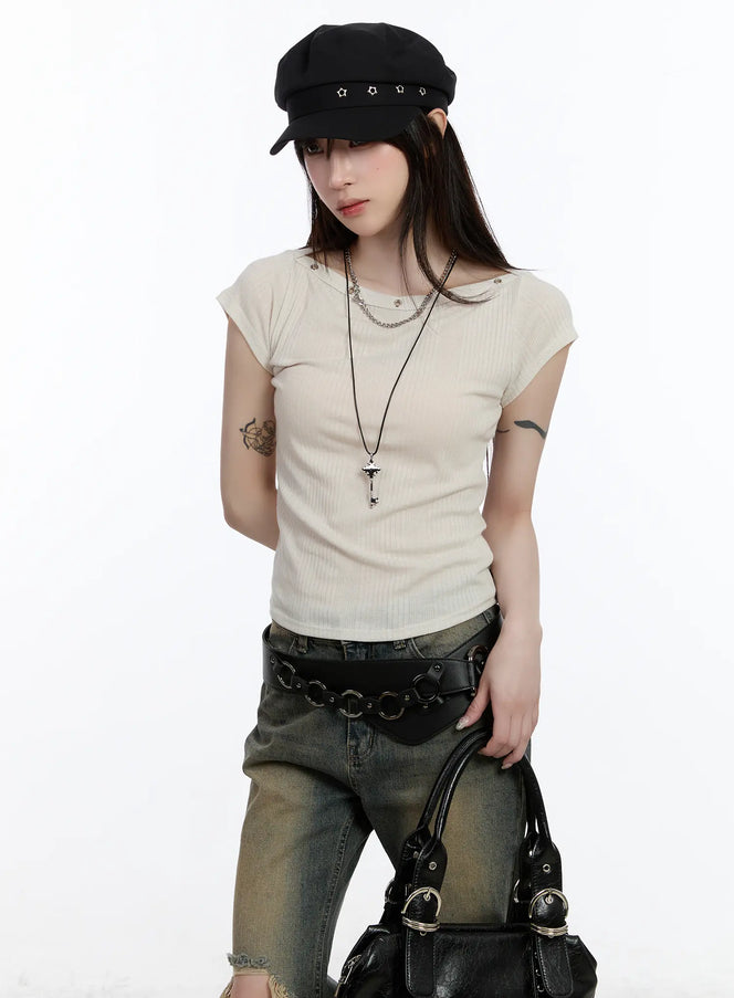 eyelet-short-sleeve-tee-ca503 / Light beige