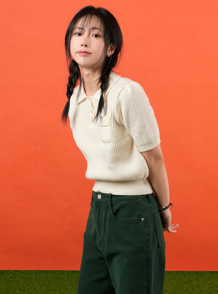 collar-short-sleeve-knit-sweater-of406 / Light beige