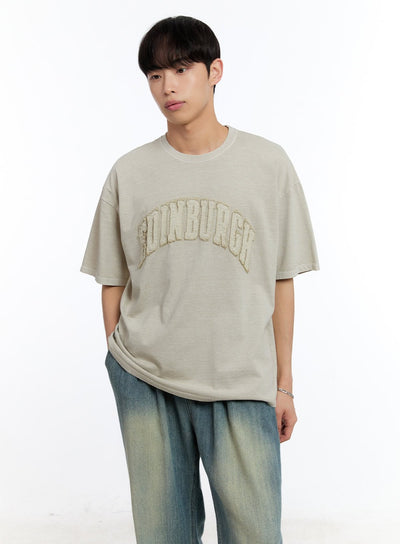 men-s-patch-washed-oversize-t-shirt-iy529 / Light beige