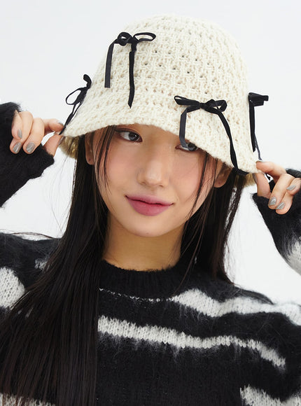 ribbon-knit-bucket-hat-in317 / Light beige