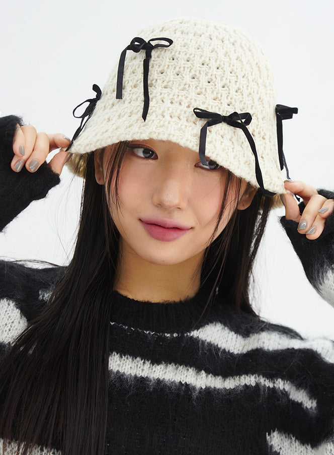 ribbon-knit-bucket-hat-in317 / Light beige