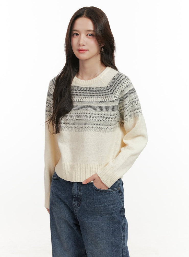 round-neck-nordic-print-sweater-on429 / Light beige