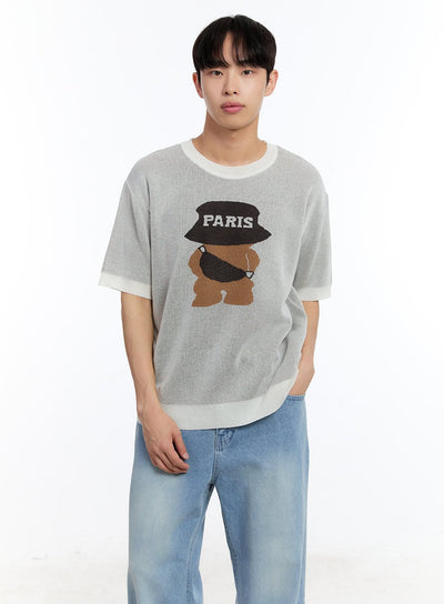 men-s-teddy-graphic-knit-t-shirt-iy530 / Light beige