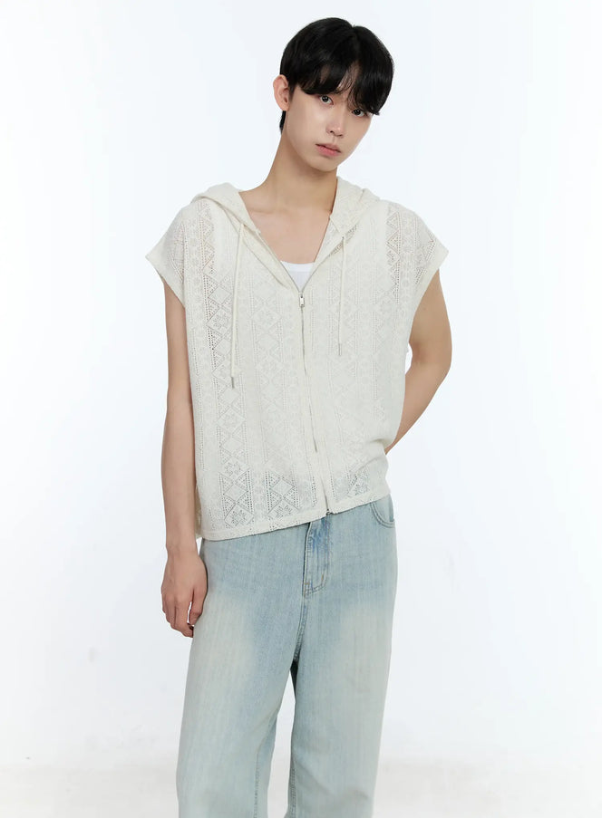 mens-sleeveless-knit-zip-up-jacket-ig501 / Light beige