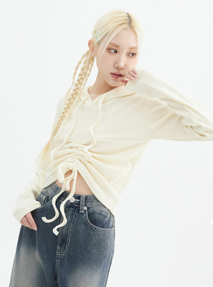 front-shirring-hoodie-sweater-in328 / Light beige