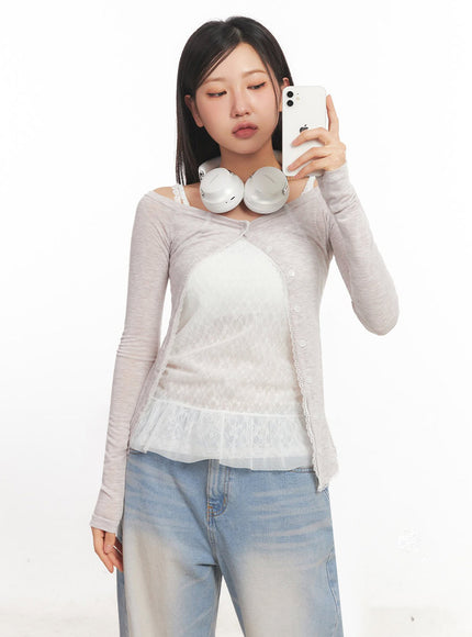 lace-buttoned-off-shoulder-cardigan-ia524 / Light beige