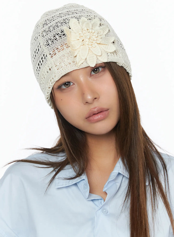 mesh-flower-crochet-beanie-ca517 / Light beige