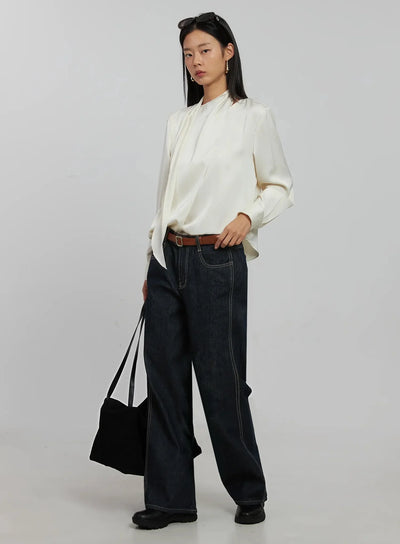 flowy-neck-tie-blouse-ij509 / Light beige