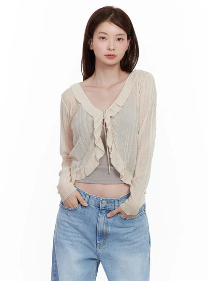 sheer-frill-tie-cardigan / Light beige